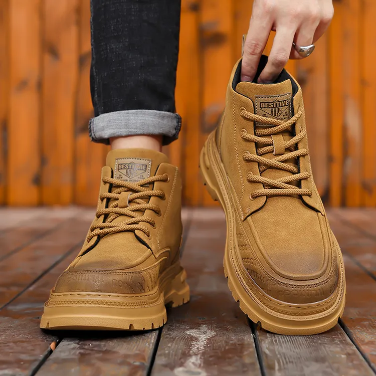 男鞋冬季工装皮鞋运动休闲真皮板鞋厚底增高英伦风复古棕色马丁靴