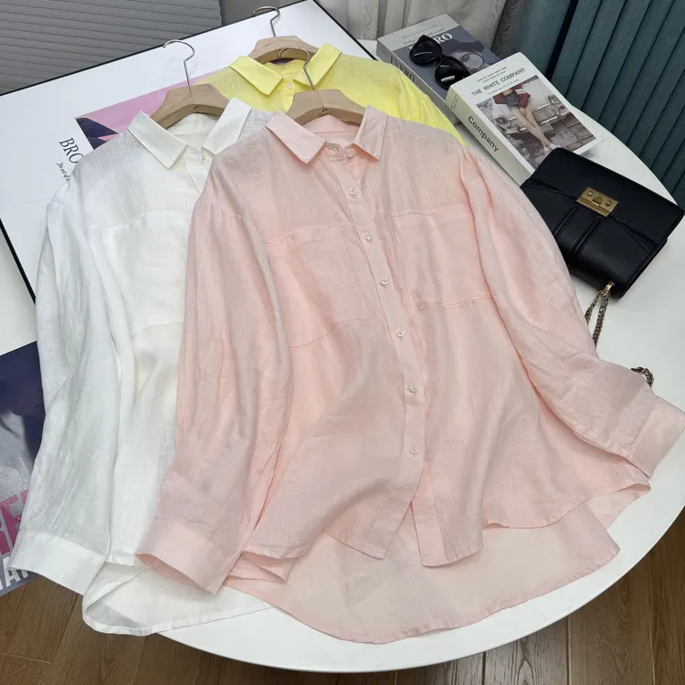 夏季新款宽松文艺纯色衬衣女长袖衬衫亚麻轻薄透气防晒衫23634