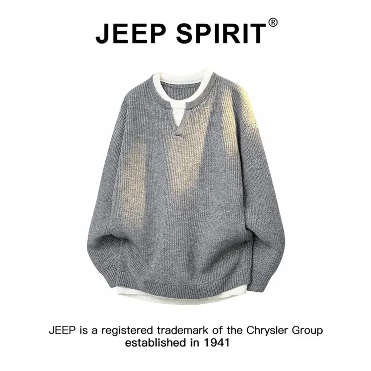 JEEPSPIRIT吉普美式复古撞色假两件鸡心领毛衣男秋季休闲针织上衣