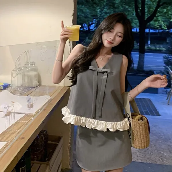 WGWE-韩版两件套设计感蝴蝶结撞色西装上衣+包臀裙套装W6055