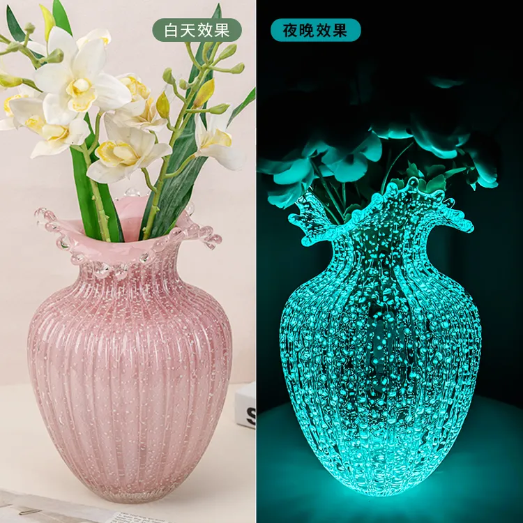 L314 粉色夜光浪花芬顿夜光花瓶水养鲜花插花琉璃花瓶