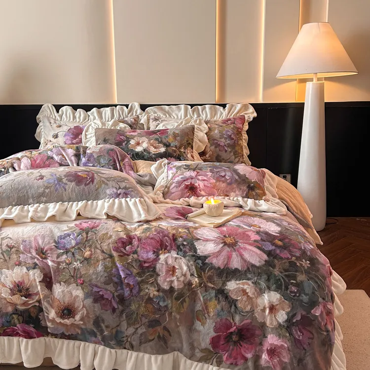 新款高端数码印花法式公主风花边被套牛奶绒四件套1.8m床