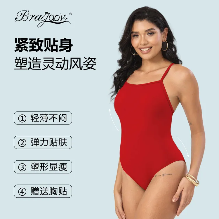 百梵莎丨圣诞新年红原创竞技泳衣大露背显白显瘦中开叉高级感