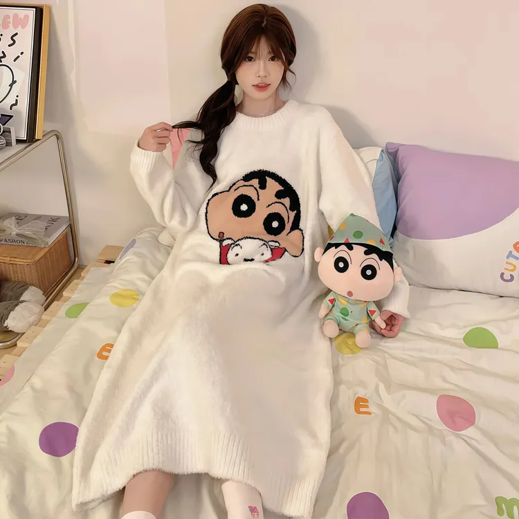 【蜡笔小新联名】睡衣女款秋冬季半边绒裙子睡衣女珊瑚绒家居服外穿