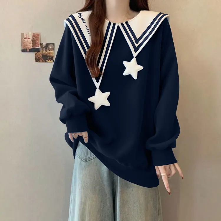 加绒胖mm大码300斤洋气个性减龄海军领卫衣宽松显瘦学院风上衣潮