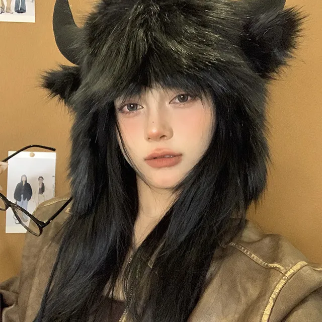 黑色牛魔王毛绒套头帽男女秋冬加绒护耳帽加厚保暖防寒造型雷锋帽