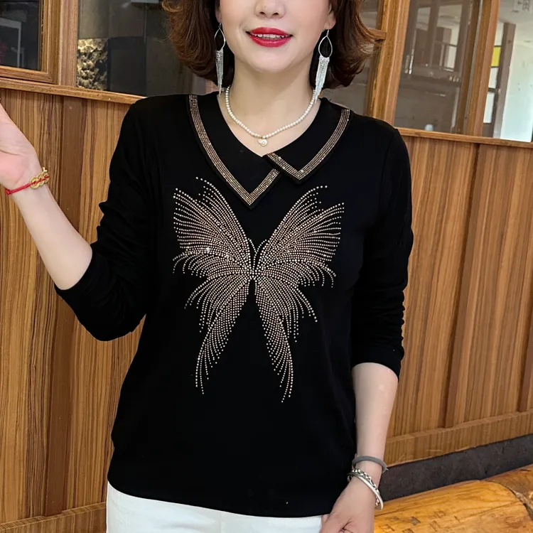秋季洋气女装遮肚气质烫钻休闲风翻领长袖上衣宽松显瘦气质妈妈装
