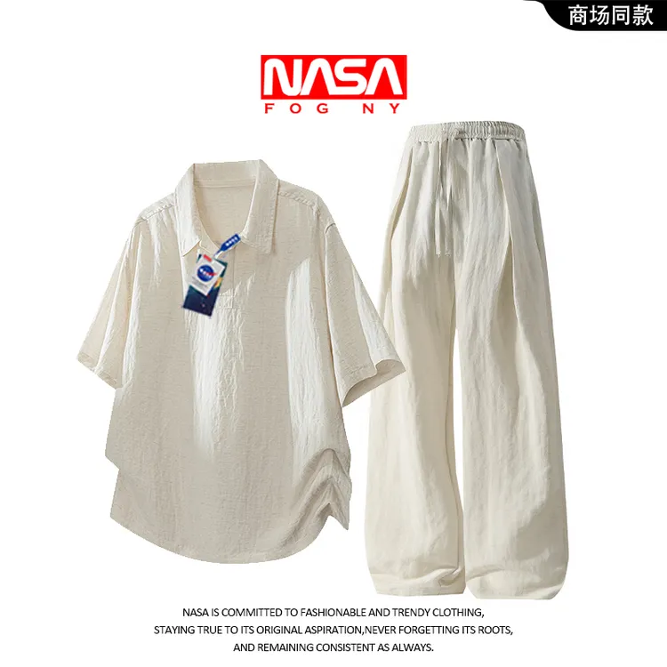 NASA夏季时尚莱赛尔亚麻休闲套装男士夏季时尚潮流老钱风高级套装