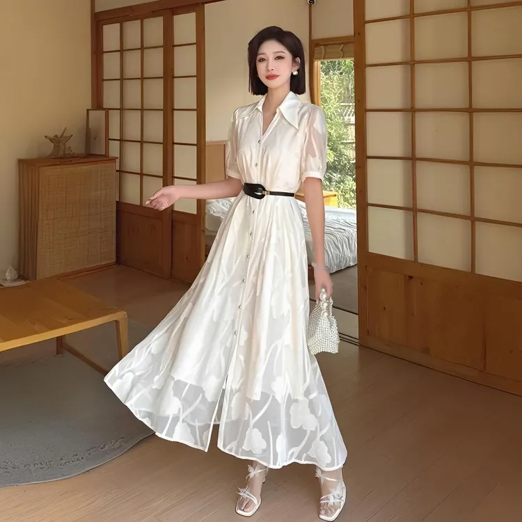 专柜正品轻奢赫本风气质优雅郁金香烧花连衣裙A1856