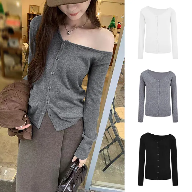 Moses Queen/魔西女王韩系斜肩露肩修身针织衫女独特气质长袖上衣