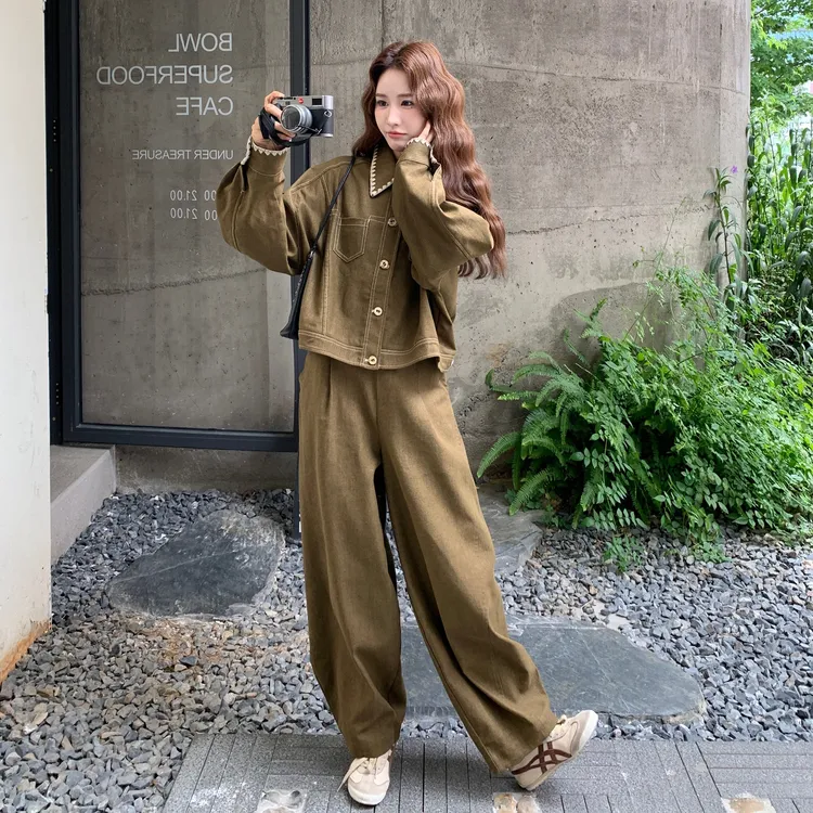 重工刺绣印花时尚套装女2025秋季新款韩版休闲短外套阔腿裤两件套