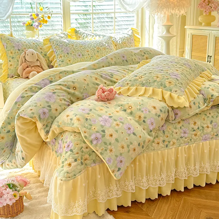 冬季加厚牛奶绒床盖四件套蕾丝花边珊瑚绒夹棉床单双面绒保暖被套