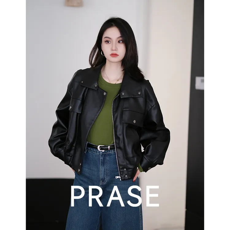 PRASE·噜【都市主角】微胖轻奢设计款秋女时尚气质皮衣外套PR508C84