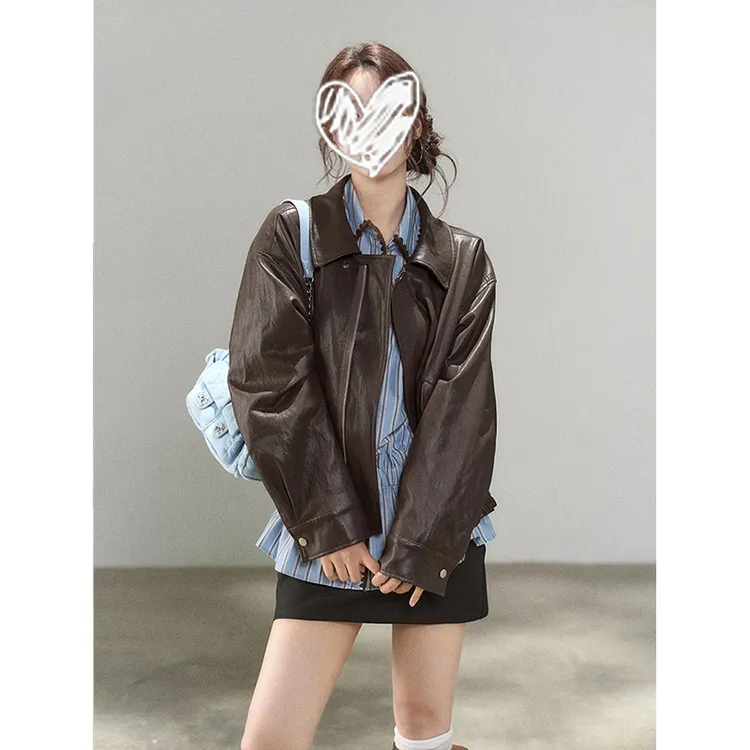 2025秋季新款美拉德复古棕色皮衣外套女设计感韩系宽松夹克短外套