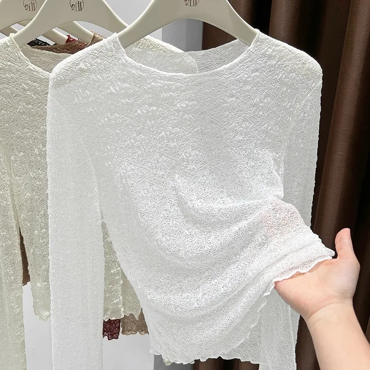 纯色百搭修身显瘦漂亮蕾丝衫2025早秋新款圆领高品质女装长袖上衣