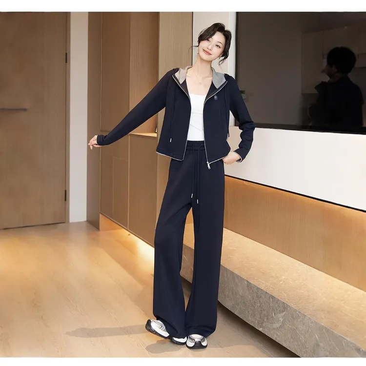 6876秋季新款高级感时尚套装女休闲运动服连帽卫衣阔腿裤两件套