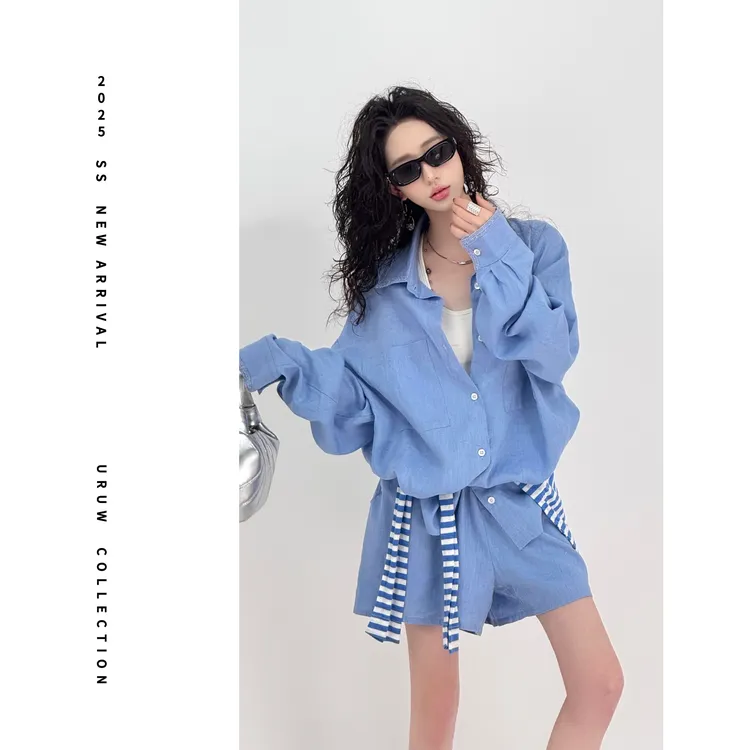 现货【海盐假日】休闲风100％亚麻拼接花边领衬衫休闲短裤套装 9051