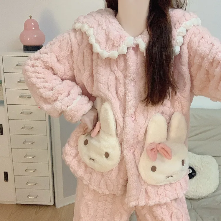 【加绒加厚】珊瑚绒睡衣女款秋冬季娃娃领兔子法兰绒保暖家居服套装