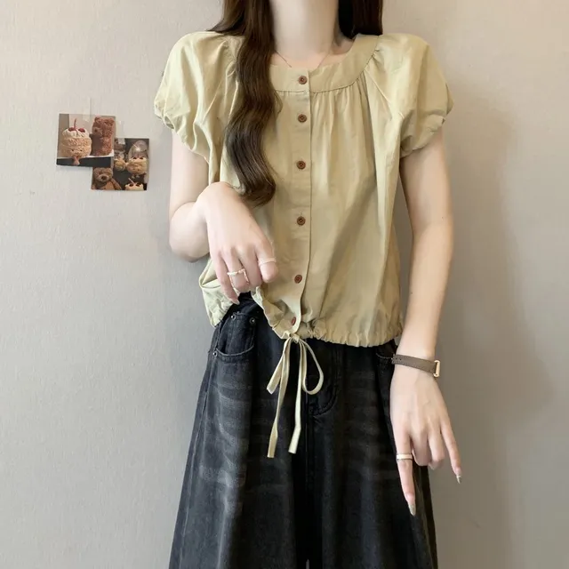 大码女装甜美设计感抽绳短袖衬衫女夏季胖妹妹别致显瘦泡泡袖上衣