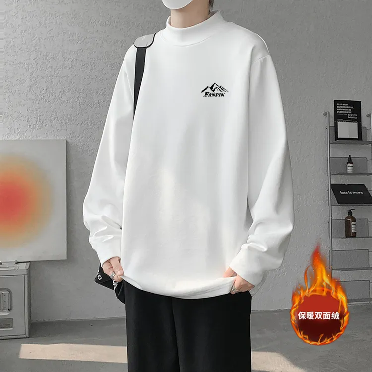 隐匿者半高领双面绒长袖t恤男秋冬季新款潮流宽松印花保暖打底衫