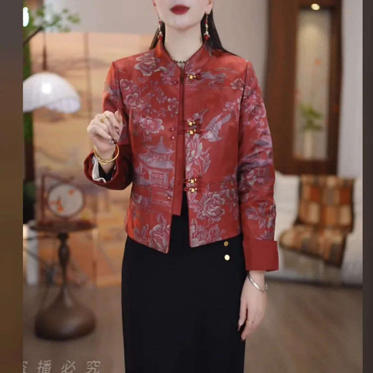 【羽绒服】2025冬款新款新中式复古红提花国风可拆卸两穿羽绒外套