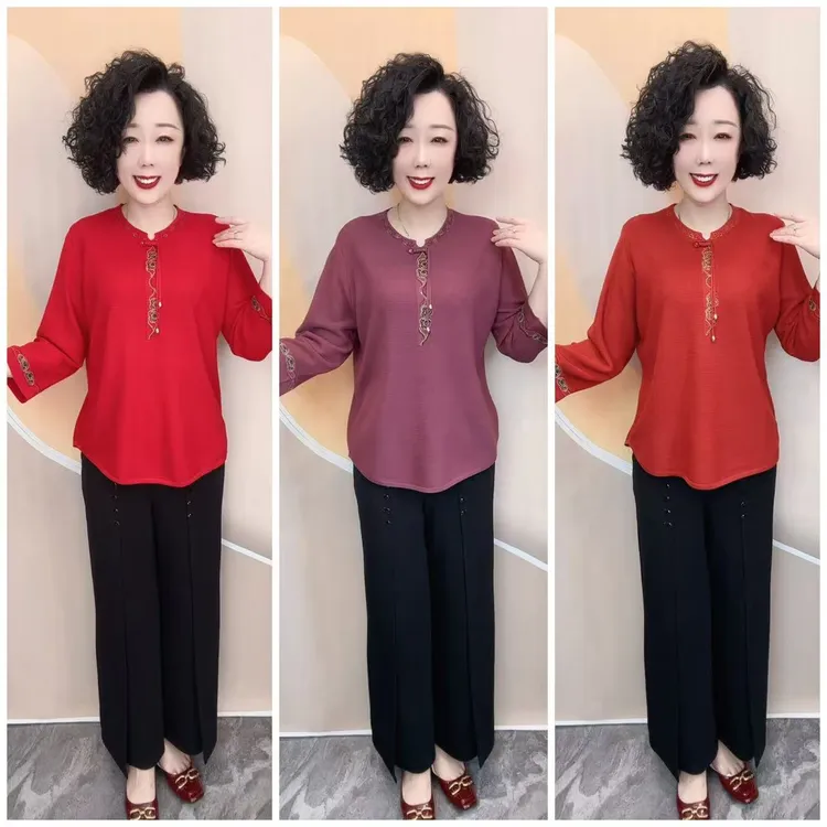 新款国风盘扣中老年妈妈宽松大码针织衫