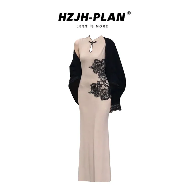 新中式国风秋季新款无袖旗袍连衣裙女蕾丝拼接披肩套装