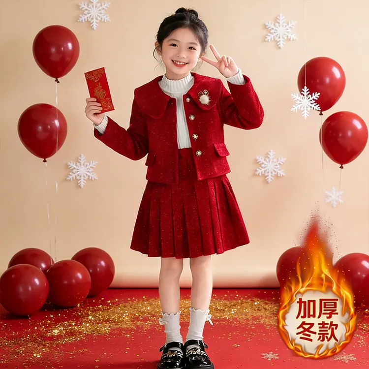 女孩拜年服装女童过年衣服红色拜年服2026新款新年洋气战袍套装裙