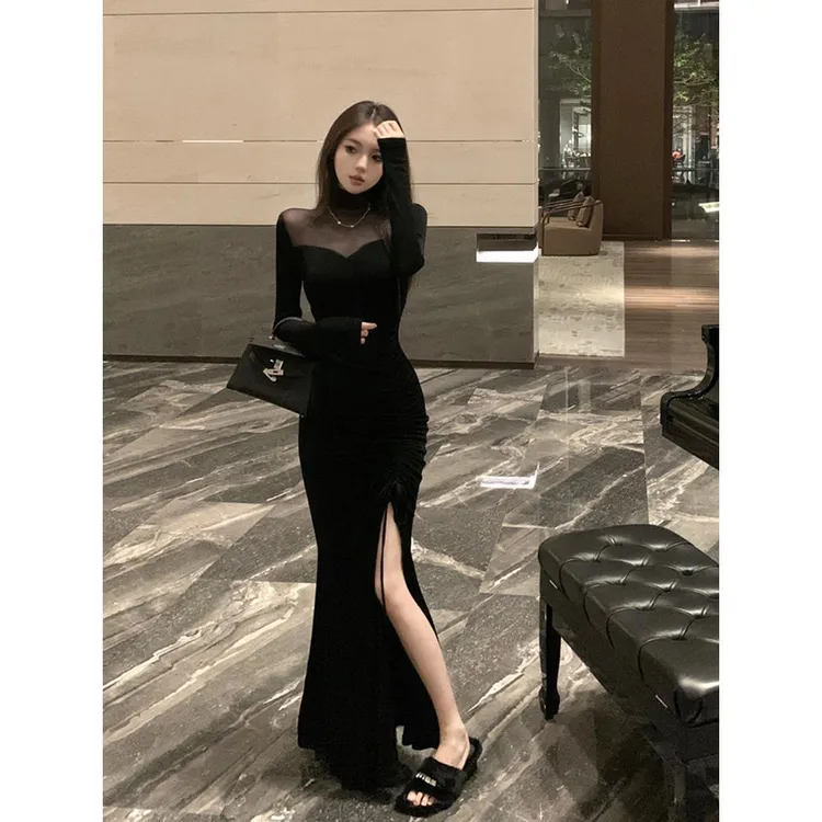 年会礼服裙宴会女气质修身包臀长裙设计感网纱拼接黑色长袖连衣裙