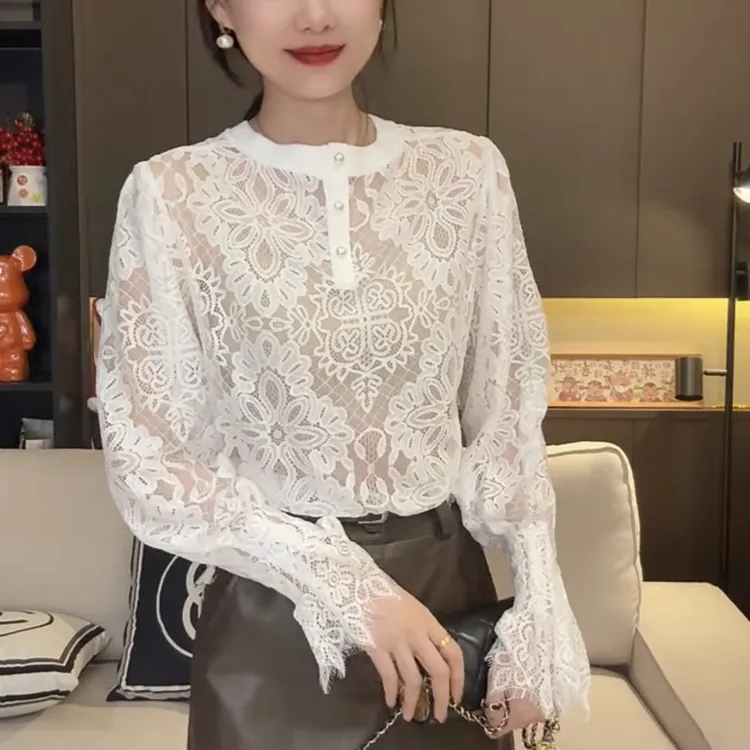 超仙百搭长袖半高领蕾丝网纱内搭打底衫上衣