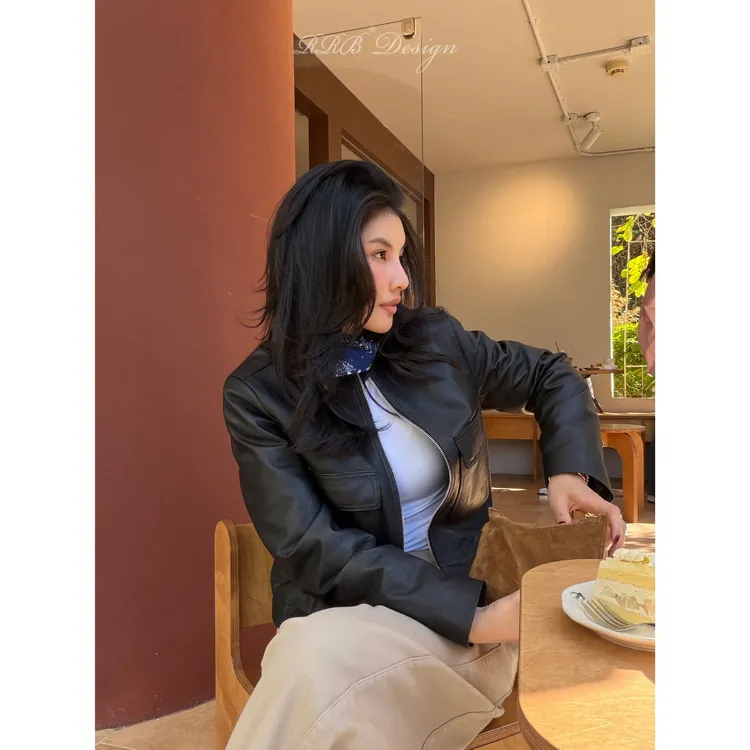 RRB Design 100%头层荔枝纹羊皮修身显瘦酷飒机车皮衣羽绒外套