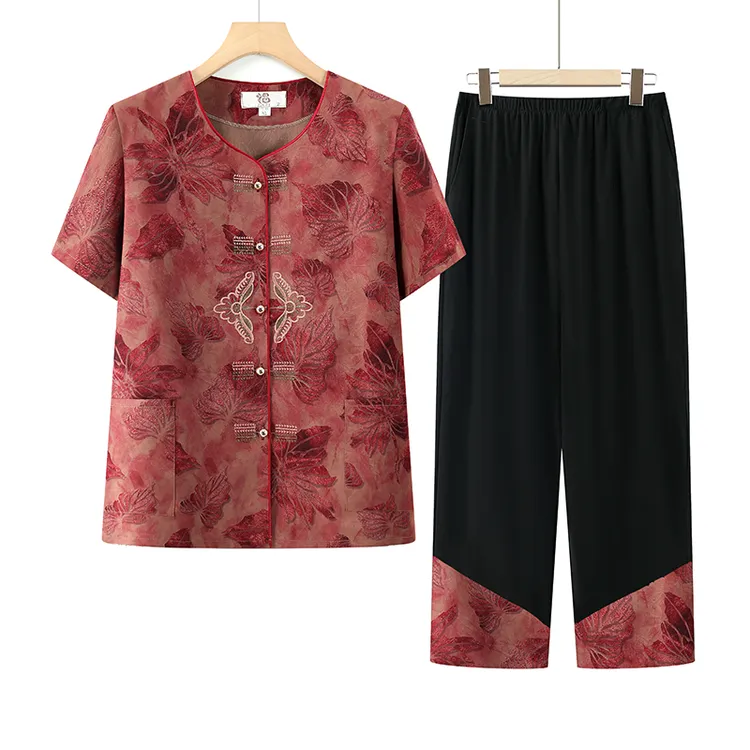 F381 妈妈装夏款短袖洋气套装中老年奶奶开衫气质宽松夏季套装