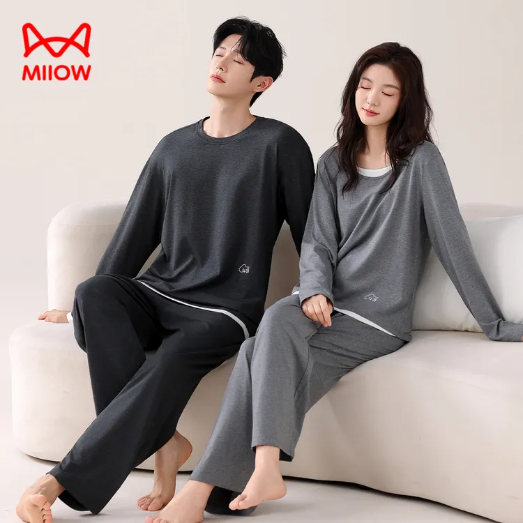 猫人睡衣男莫代尔棉长袖长裤春秋季带胸垫女士轻奢风情侣款家居服