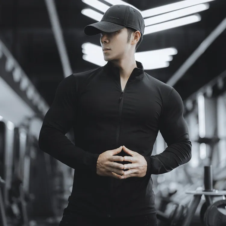户外肌肉新款男士运动休闲跑步健身锻炼弹力速干拉链纯色长袖T恤