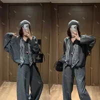YDFSTUDIO小众【慵懒灰调】欧货早秋重工丝带装饰设计上衣+裤子套装