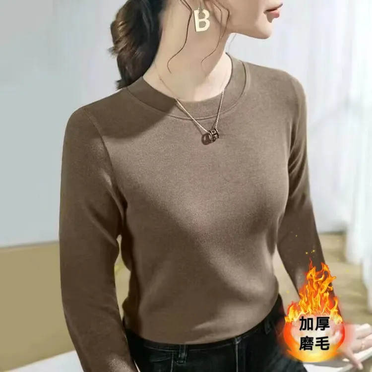 莫代尔大码圆领薄绒磨毛打底衫女秋冬内搭修身长袖T恤保暖上衣潮
