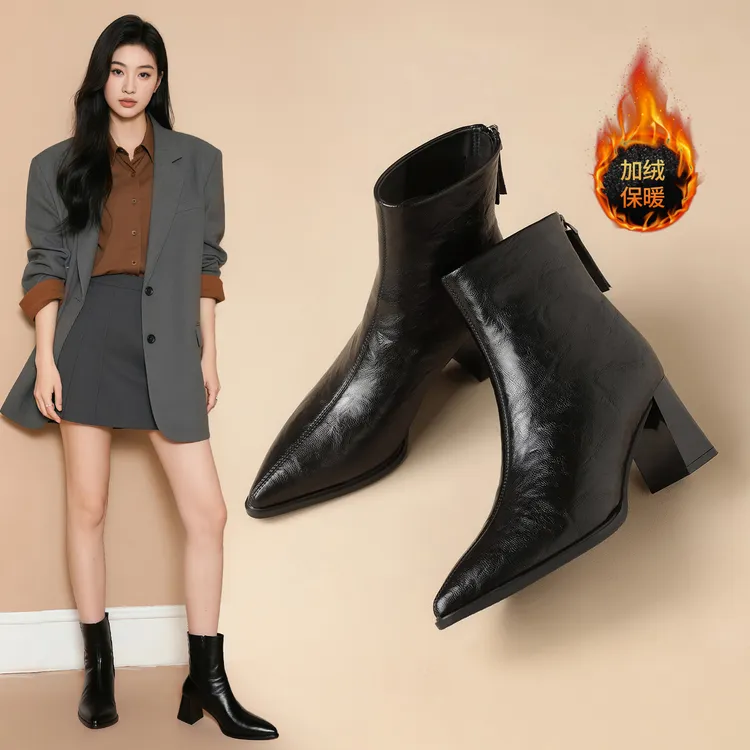 ZHR尖头高跟短靴女2025秋冬新款法式通勤高跟鞋复古百搭马丁靴