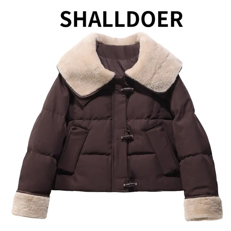 双层娃娃领拼接轻薄棉服女短款2026冬季新款时尚保暖外套潮流