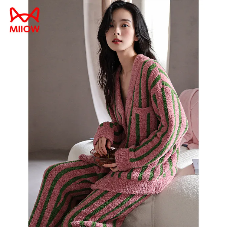 猫人睡衣女秋冬季半边绒加绒保暖加厚撞色条纹冬款冬天家居服套装