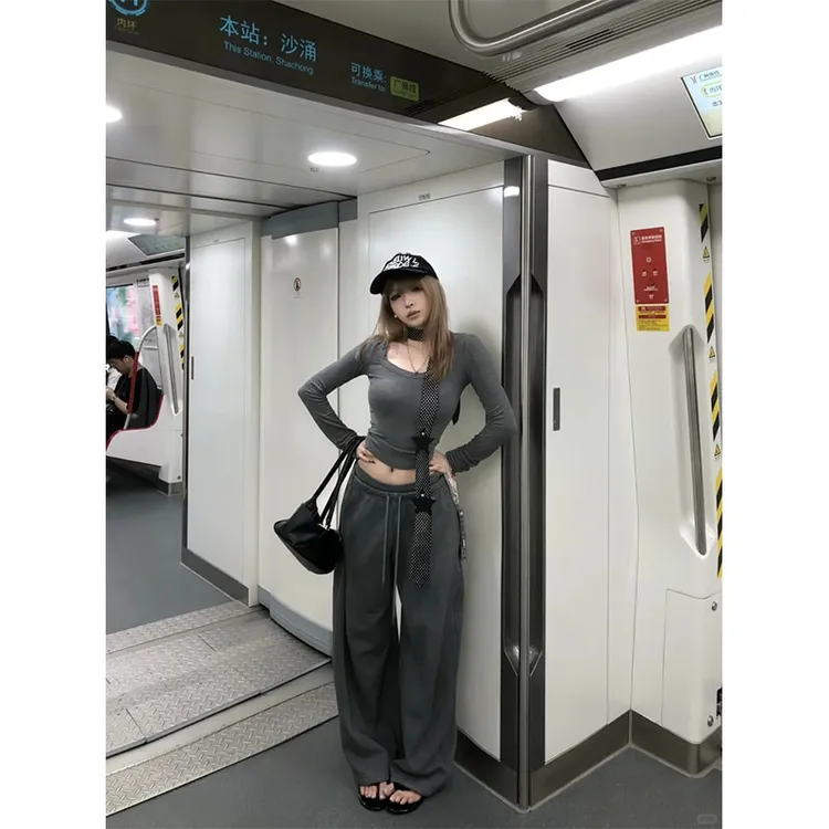 秋季小众简约风修身显瘦百搭时尚薄款长袖上衣休闲阔腿长裤套装女