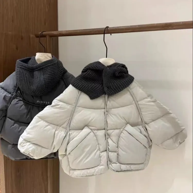 儿童连帽棉服冬2025男女童毛线帽围巾帽手塞棉棉袄加厚保暖棉衣