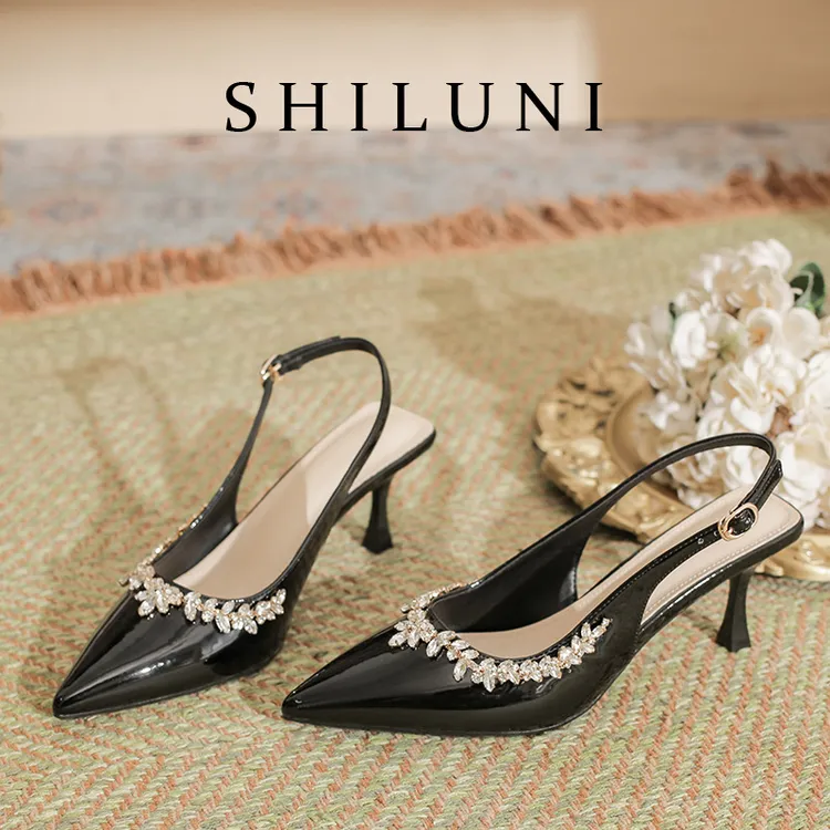 2025年新款黑色漆皮高跟鞋女细跟包头一字带水钻性感时装凉鞋女