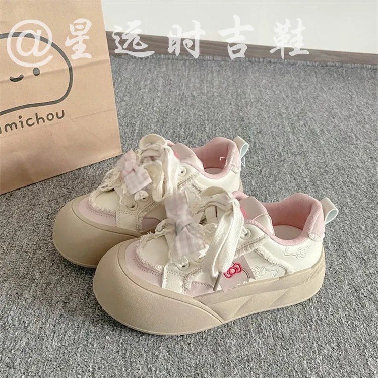34码-40码多巴胺蝴蝶结面包鞋女2025新款透气小白鞋学生休闲板鞋