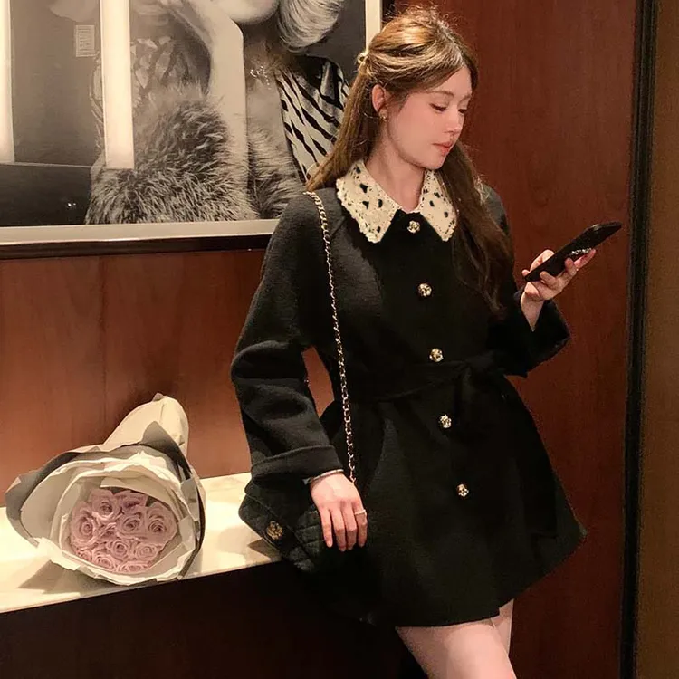 【达播】【有里布】【含腰带】miu系大衣女系带收腰翻领毛呢外套TX0235