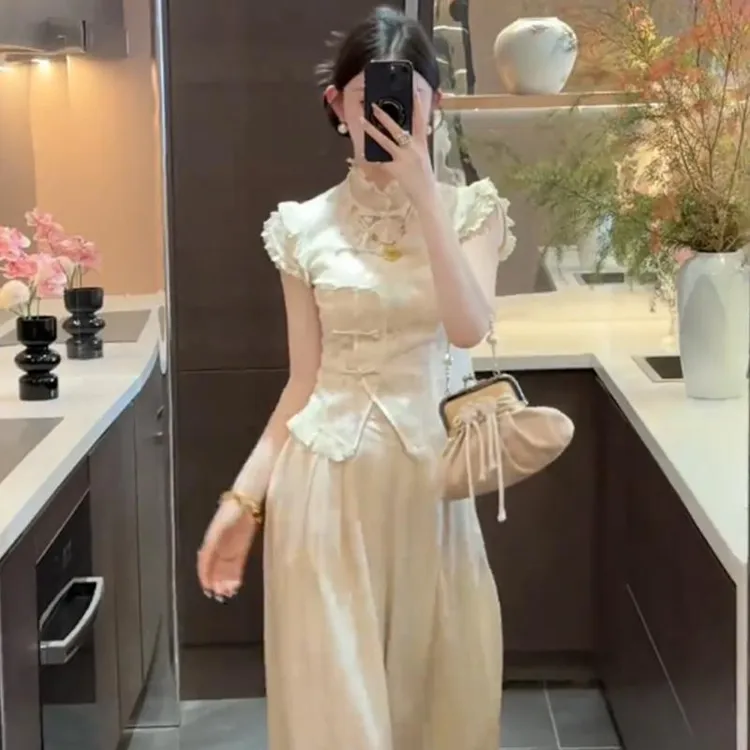 【花季】2025新款夏季新中式中国风禅意上衣气质白色收腰旗袍领小衫