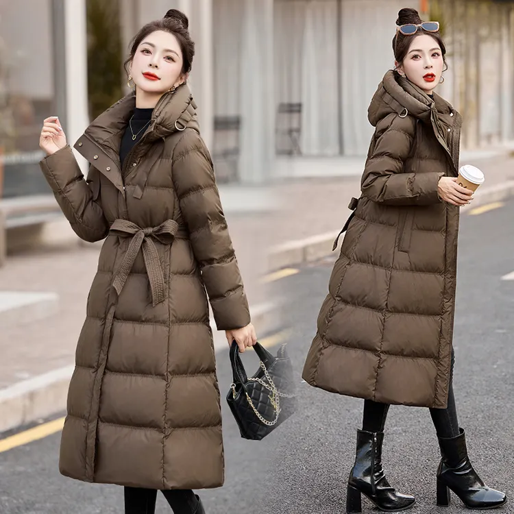 中长款气质羽绒服女2025冬季新款系带收腰时髦女神范女士保暖外套