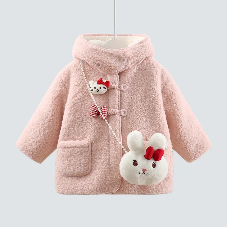 女童加绒外套秋冬女宝宝卡通连帽1-3岁5公主仿兔毛上衣儿童毛毛衣