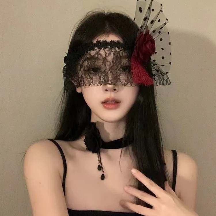 禁欲系暗红色玫瑰花朵蒙面半脸面具成人化妆舞会眼罩女士性感面罩
