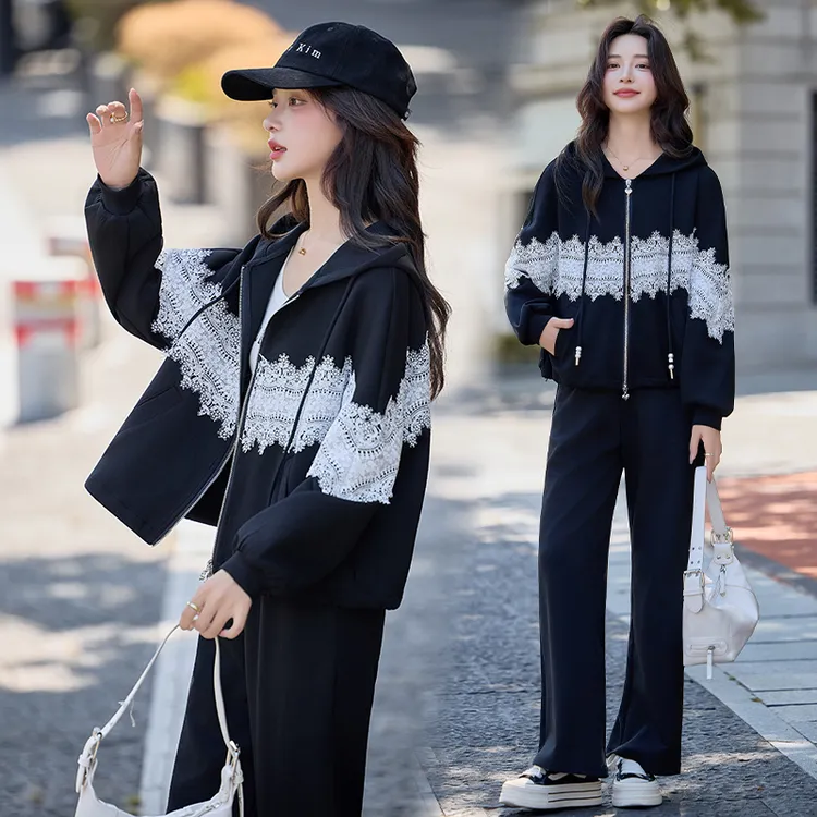 休闲时尚蕾丝拼接连帽套装女2025春秋新款松弛感气质阔腿裤两件套
