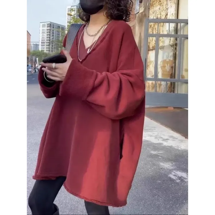 大码女装300斤显瘦遮肉中长款卫衣胖妹妹秋冬款宽松气质红色上衣